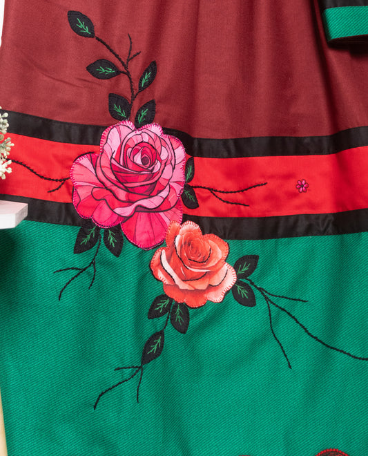 Barn Red Rida With Smart Green Panel Smart Lace & Rose Applique Bunch