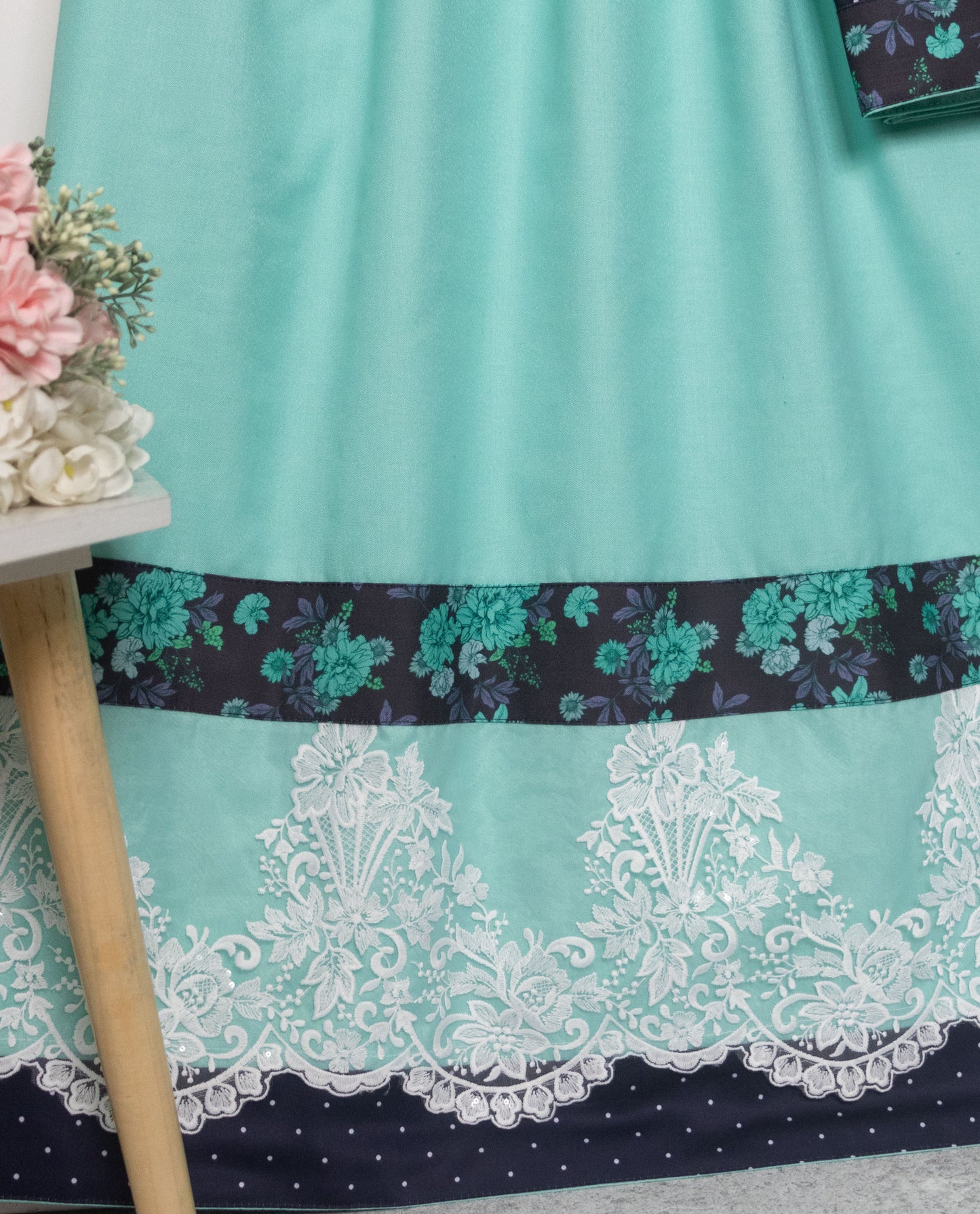 Turquoise Blue Rida With Smart Floral Panel & Smart White Lace