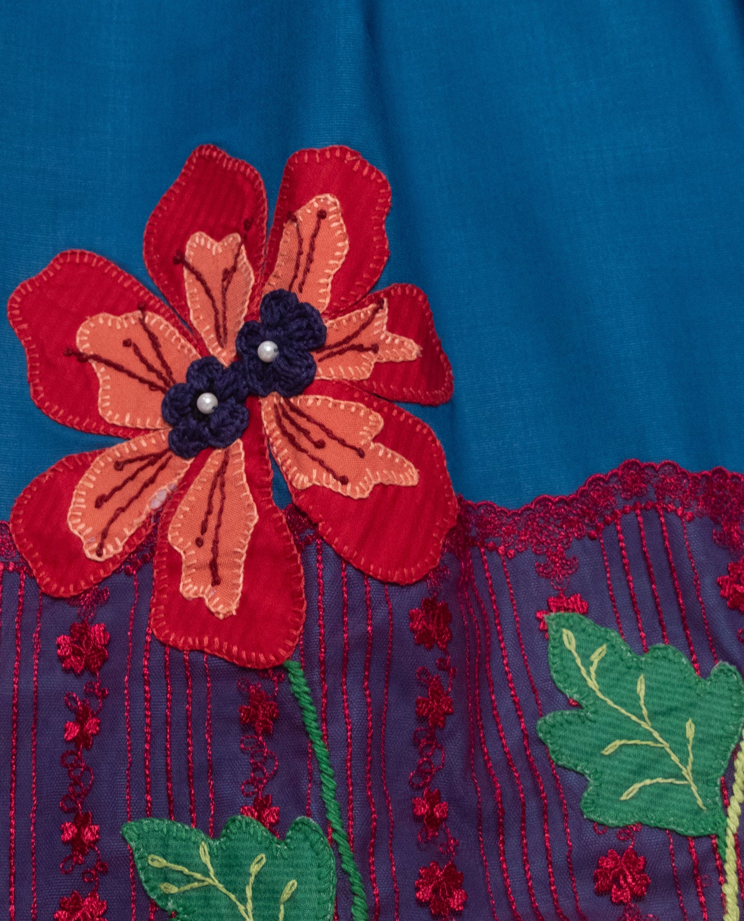 Peacock Blue Rida With Smart Dark Panel Lace & Floral Work