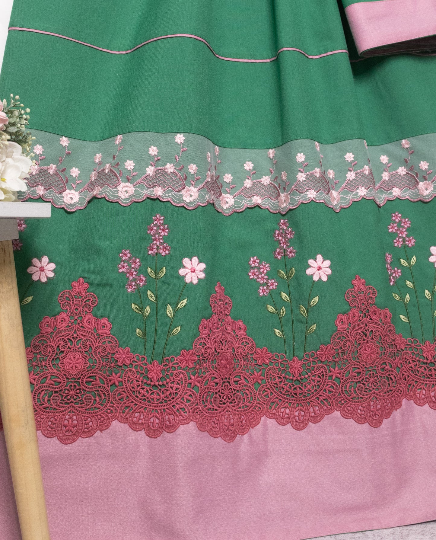 Dark Green With Smart Floral Lace Pipin & Floral Embroidery