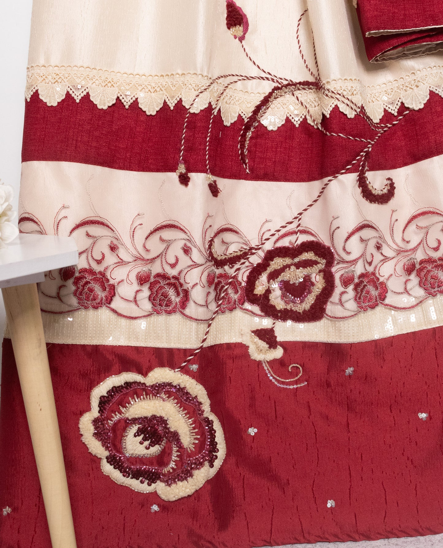Cream Rida With Dark Maroon Panel Floral Lace & Floral Work