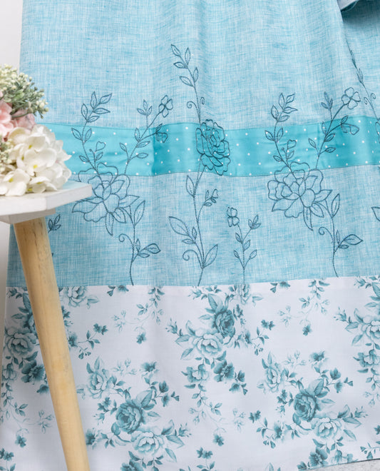 Chambray Blue Rida With Smart Floral Print Panel & Floral Embroidery Work