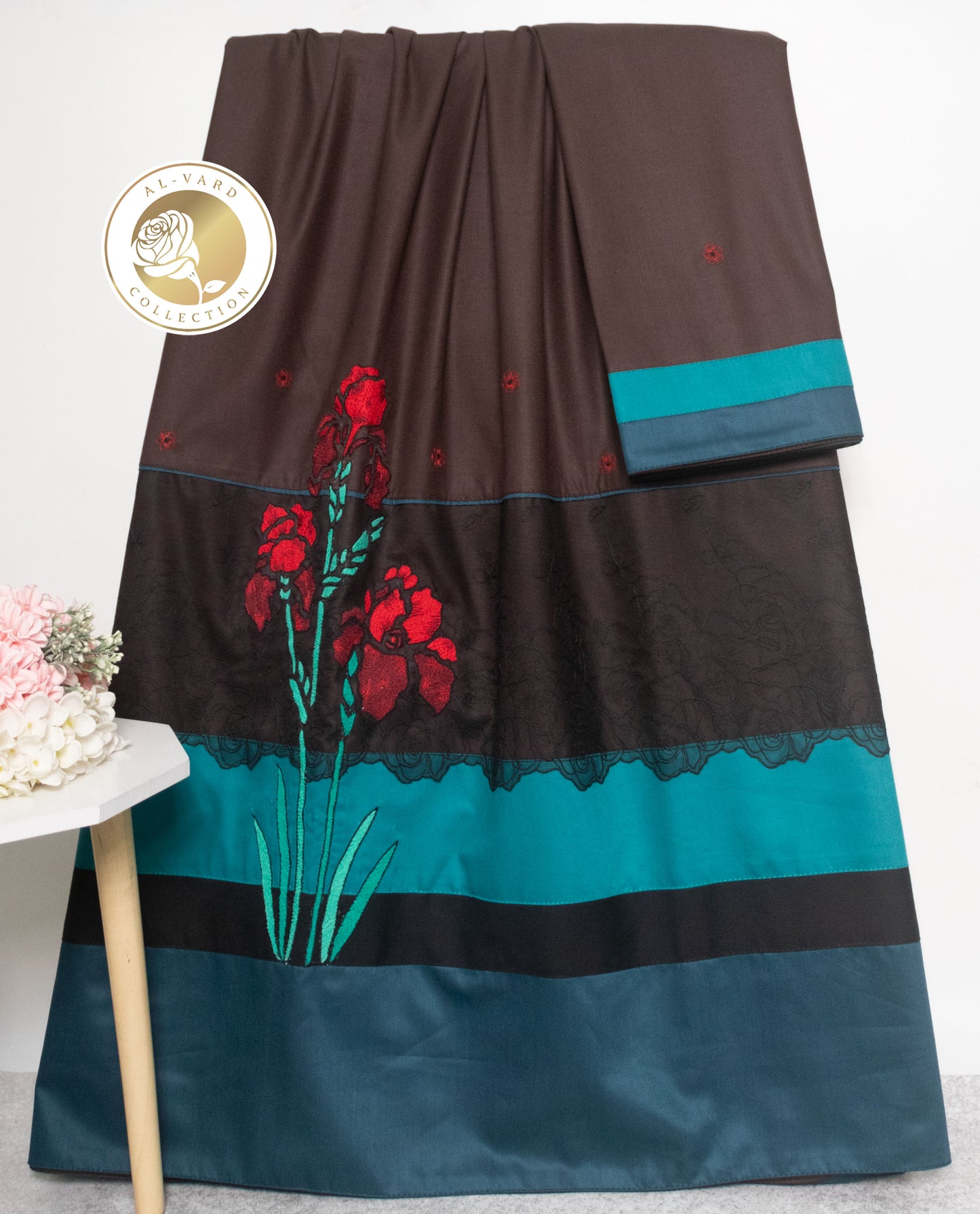 Dark Brown Rida With Dark Green Panel & Black Lace Floral Work