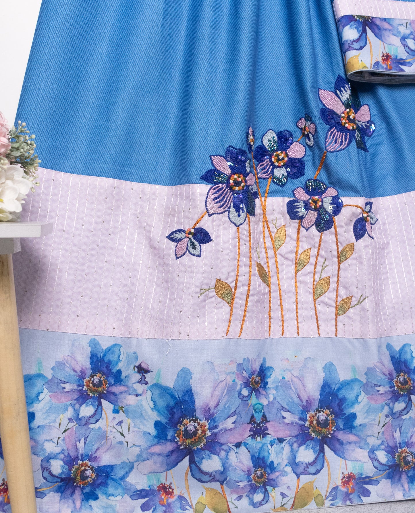 Denim Blue Rida With Smart Floral Panel & Beautiful Floral Work