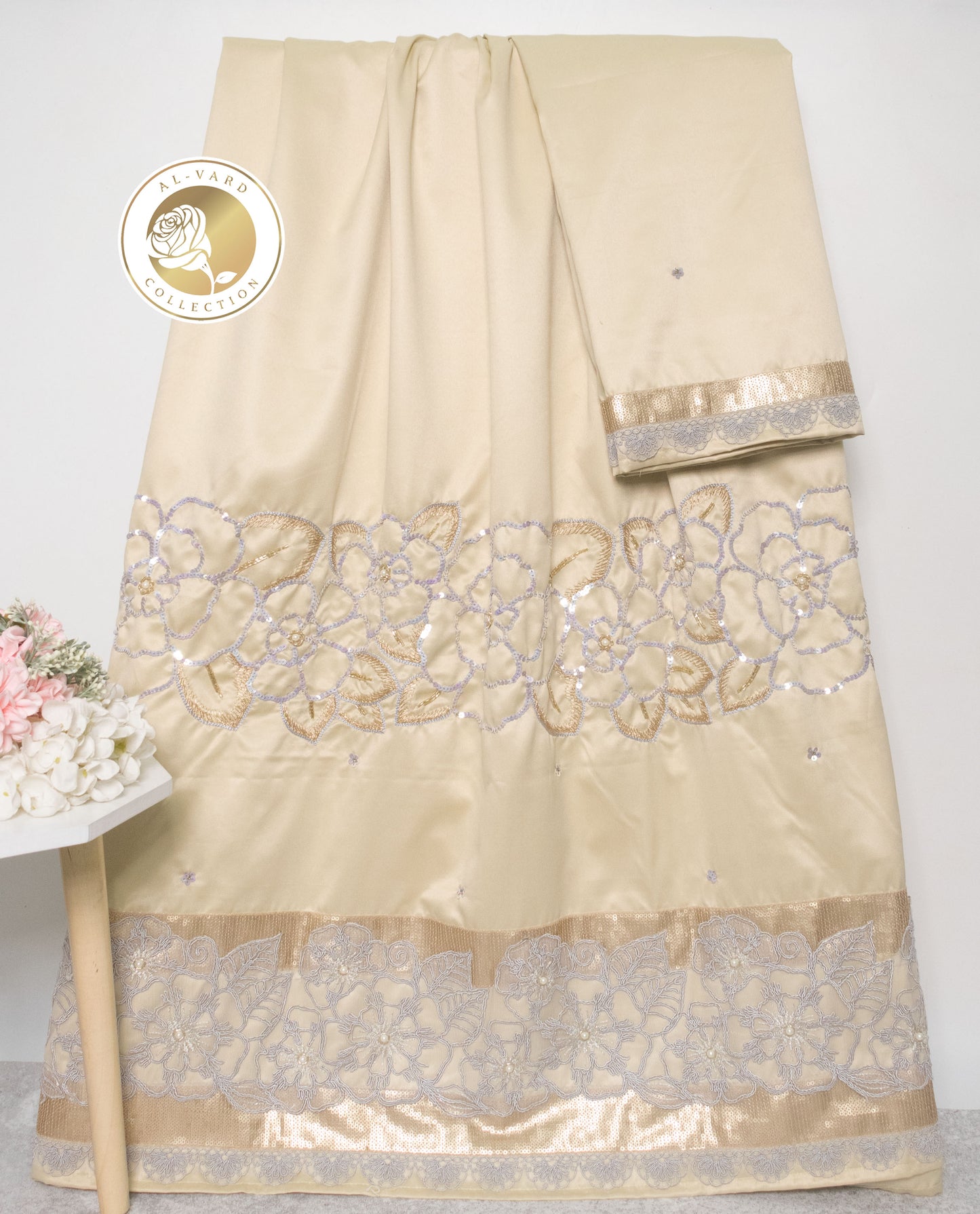 Beige Rida With Heavy Look Lace & Floral Aari Work