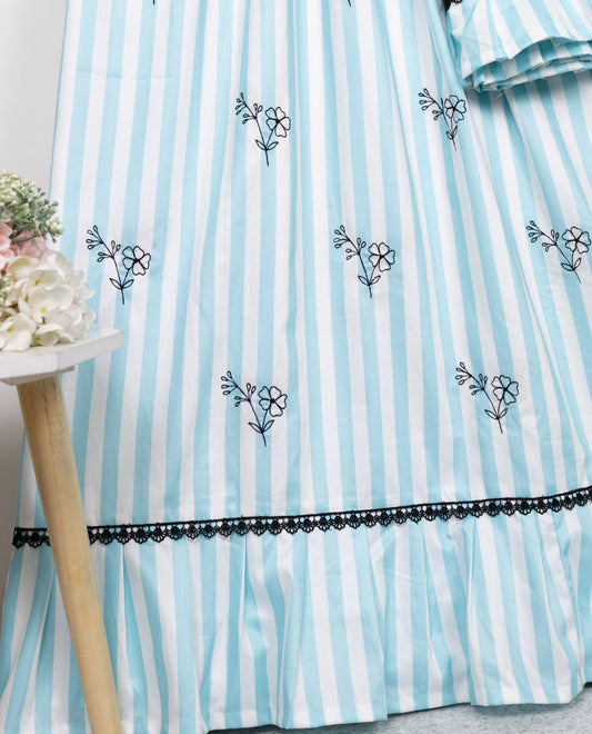 Light Blue White Stripes Rida With Small Black Lace & All Over Floral Booties & Frill Look