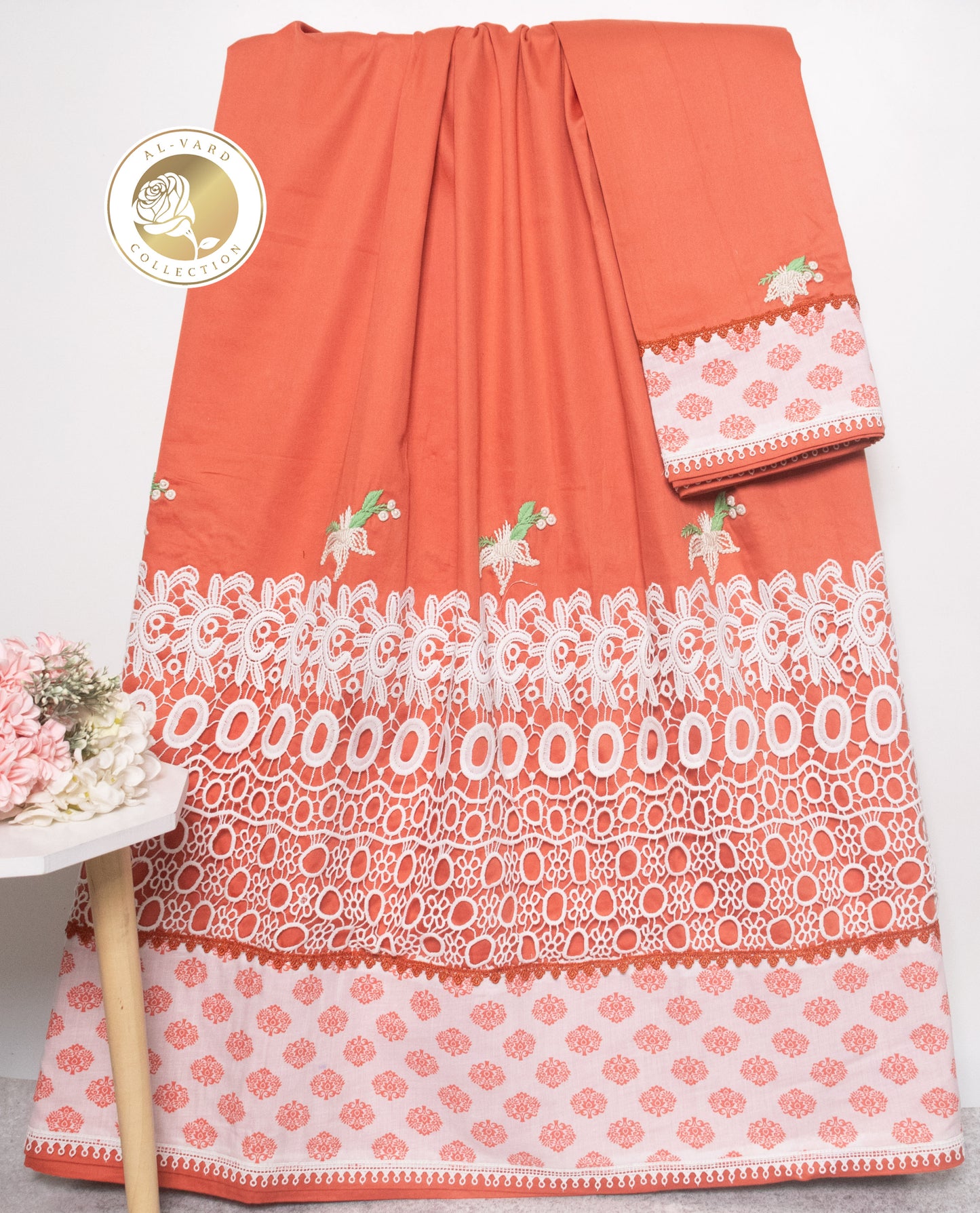 Tomato Red Rida With Smart Lace Panel & All Over Work
