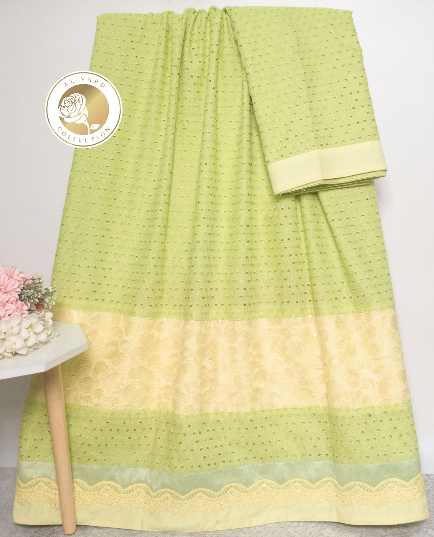 Green Hakoba Rida With Smart Yellow Panel & Lace