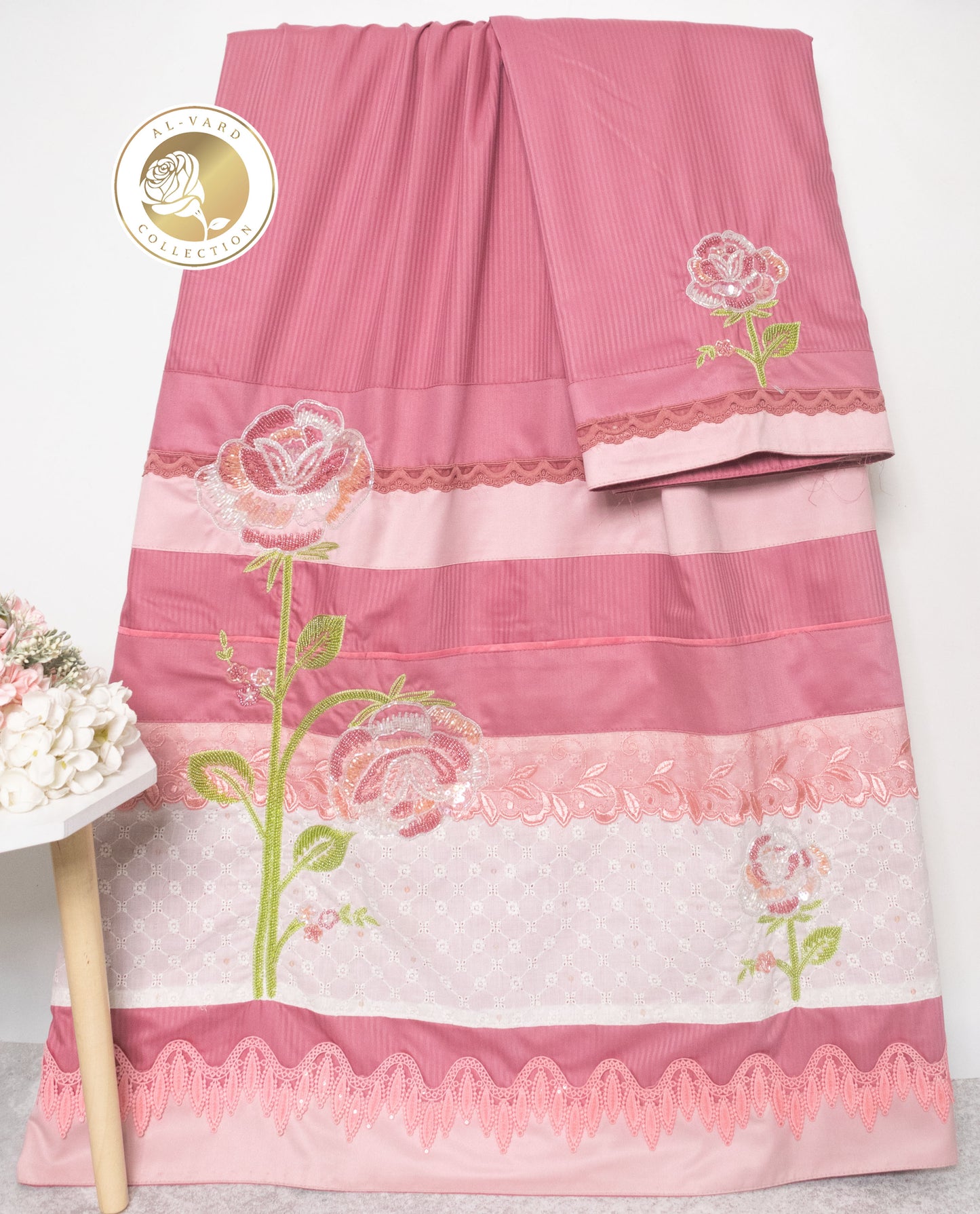 Rose Gold Rida With Smart Panel Lace & Aari Work Roses