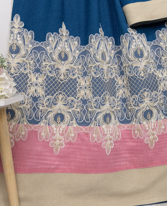 Indigo Blue Abaya Rida With Heavy Golden Floral Lace & Light Color Abaya Plain Panel