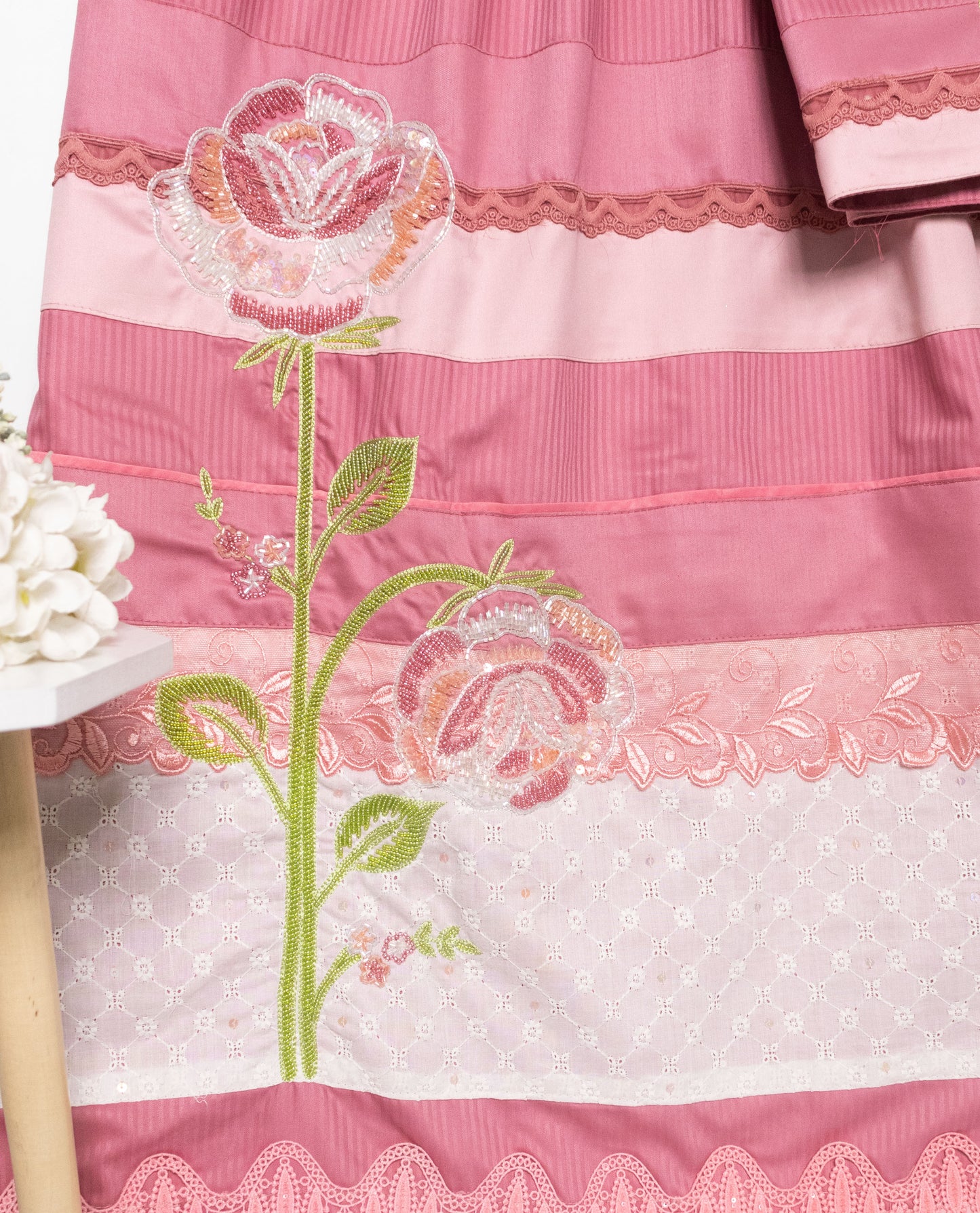 Rose Gold Rida With Smart Panel Lace & Aari Work Roses