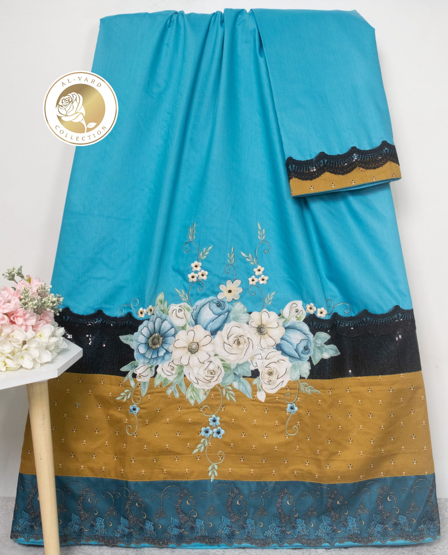 Turquoise Blue Rida With Smart Golden Panel Black Lace & Floral Work