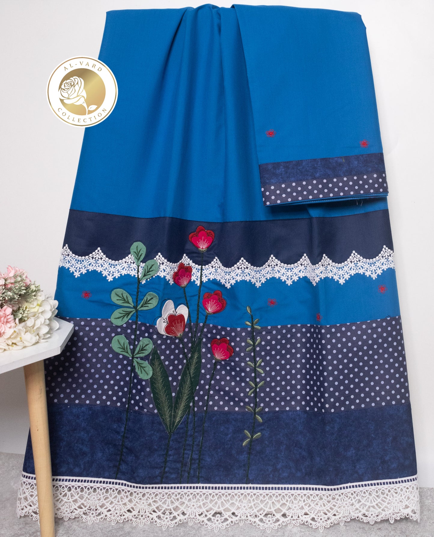 Royal Blue Rida With Smart Dots Panel Smart Lace & Floral Work