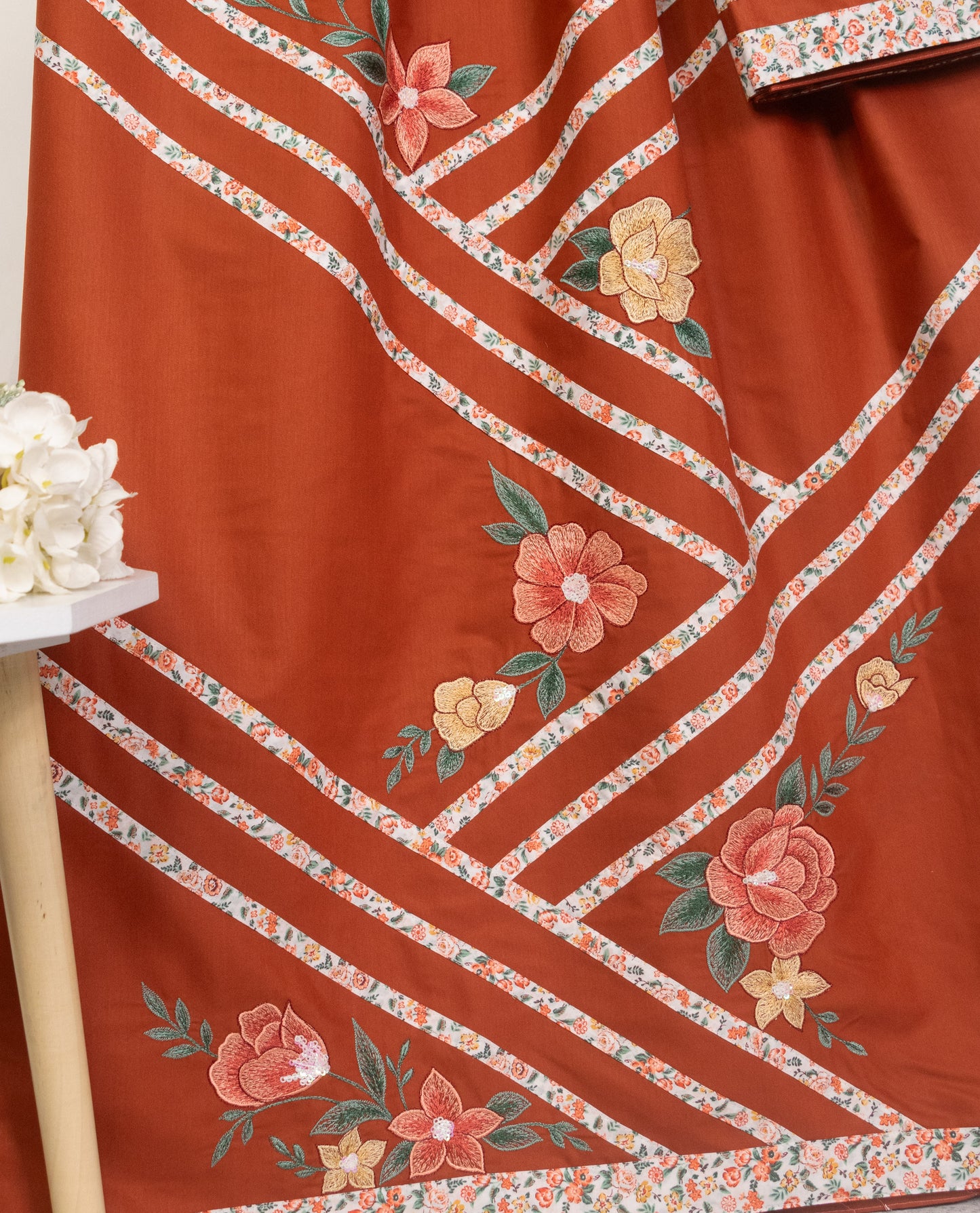 Orange Rida With Smart Fancy Pattern & Embroidery Floral Work