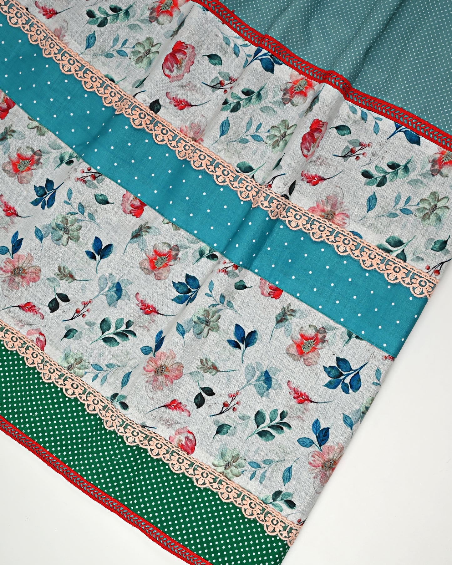 Teal White Dots Rida With Smart Floral Panel & Lace