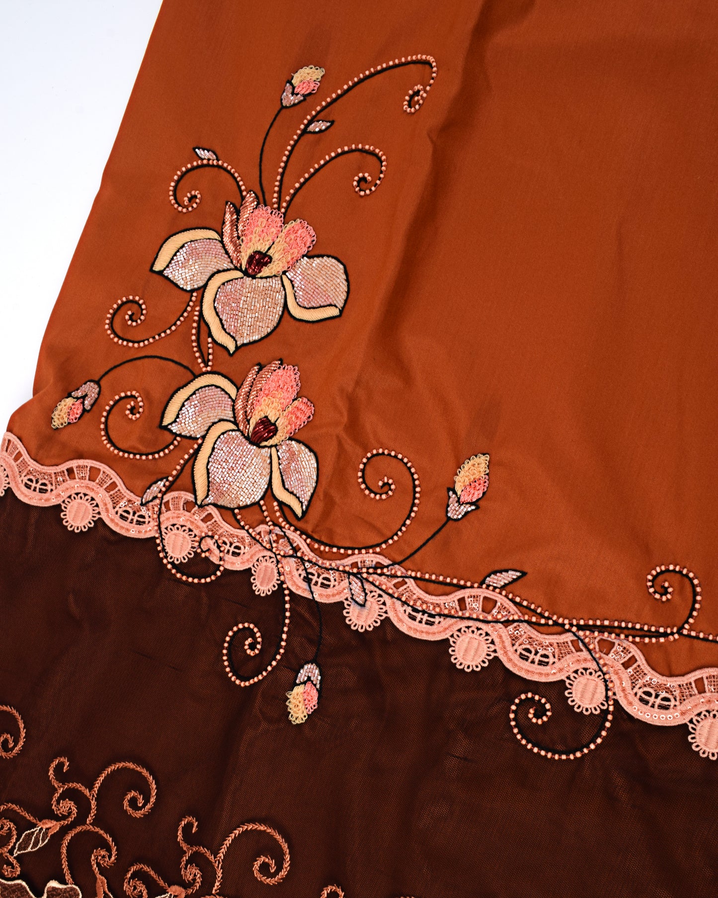 Rusty Orange Rida With Smart Lace & Floral Work