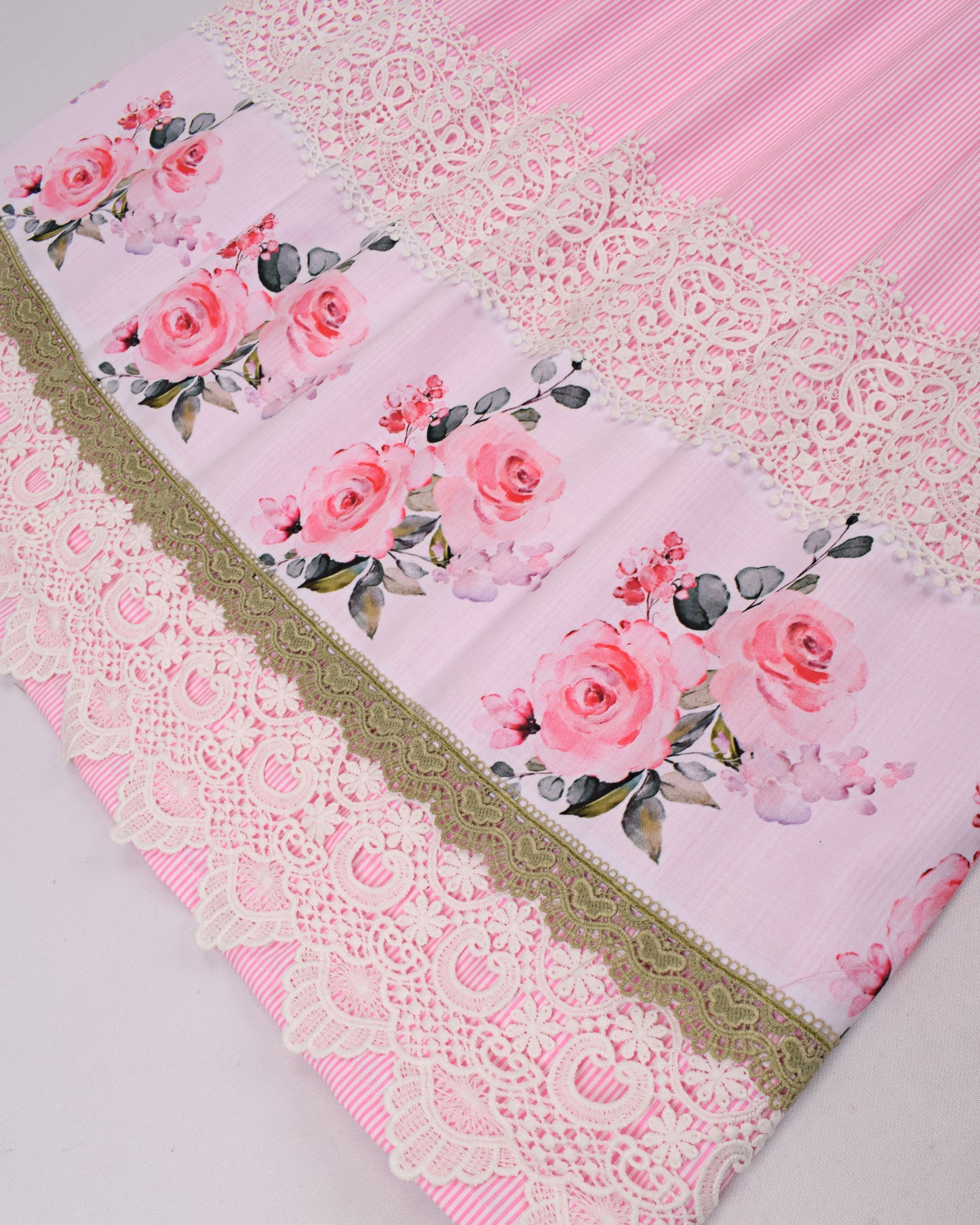 Baby Pink Stripes With Floral Panel & Smart Lace