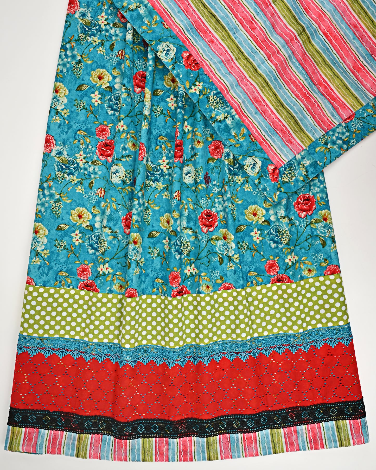 Dark Blue Base Floral Printed Jodi With Smart Panel Lace & Multi Color Dupatta