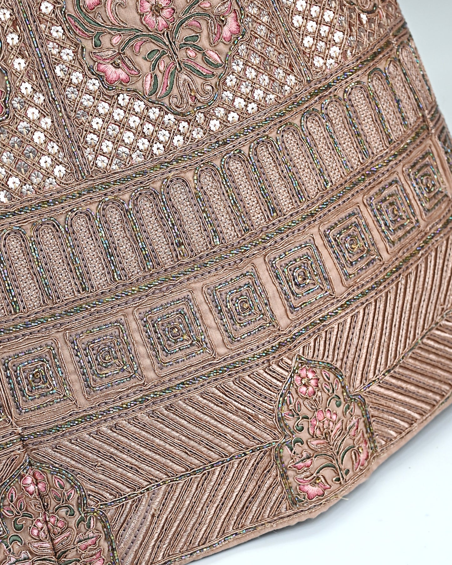 Coral Peach Bridal Jodi With Full Mix Work Embriodery Aari & With Net Aari Border Dupatta