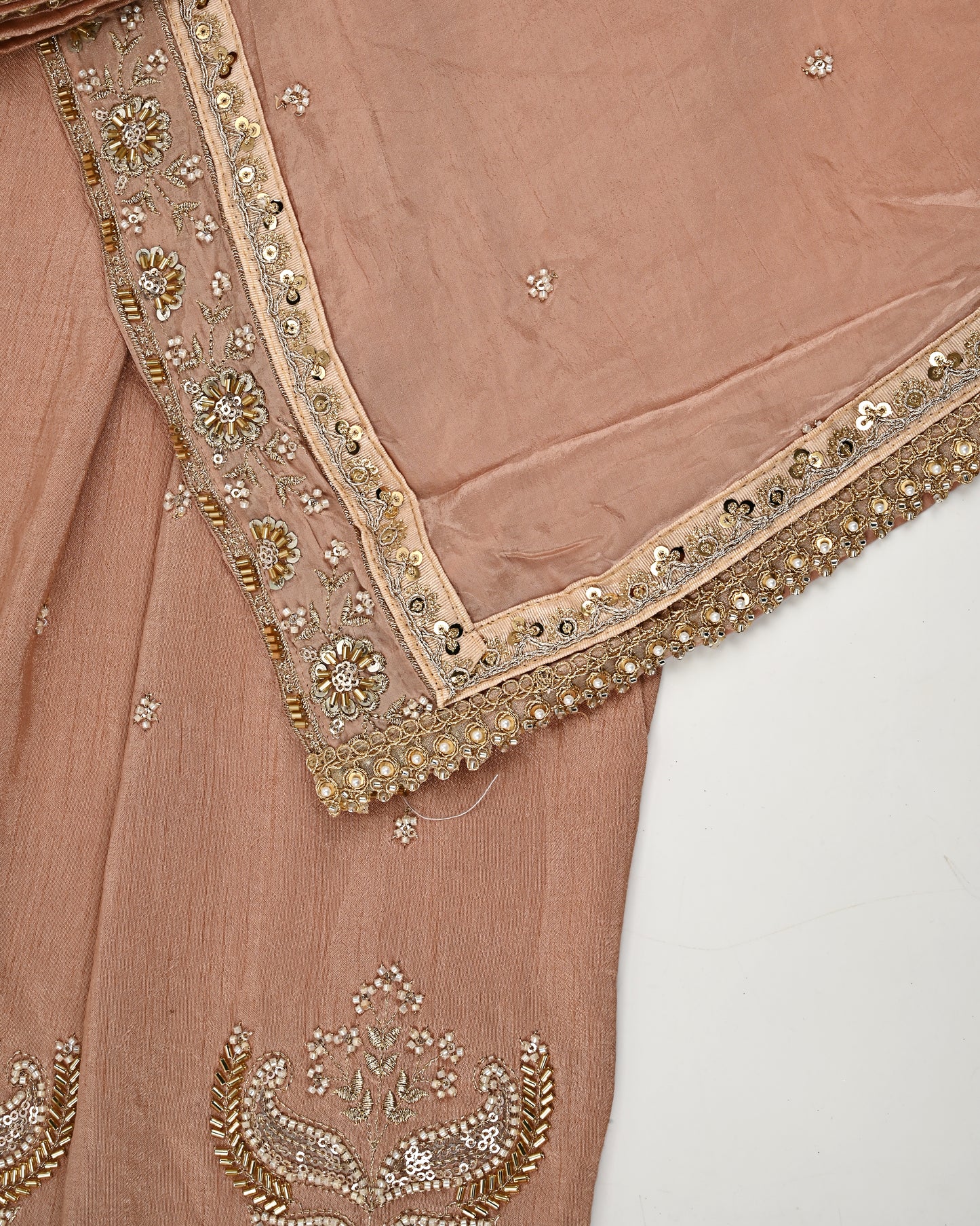 Rose Gold RCJ With Heavy Golden Aari Work & Plain Dupatta With Border