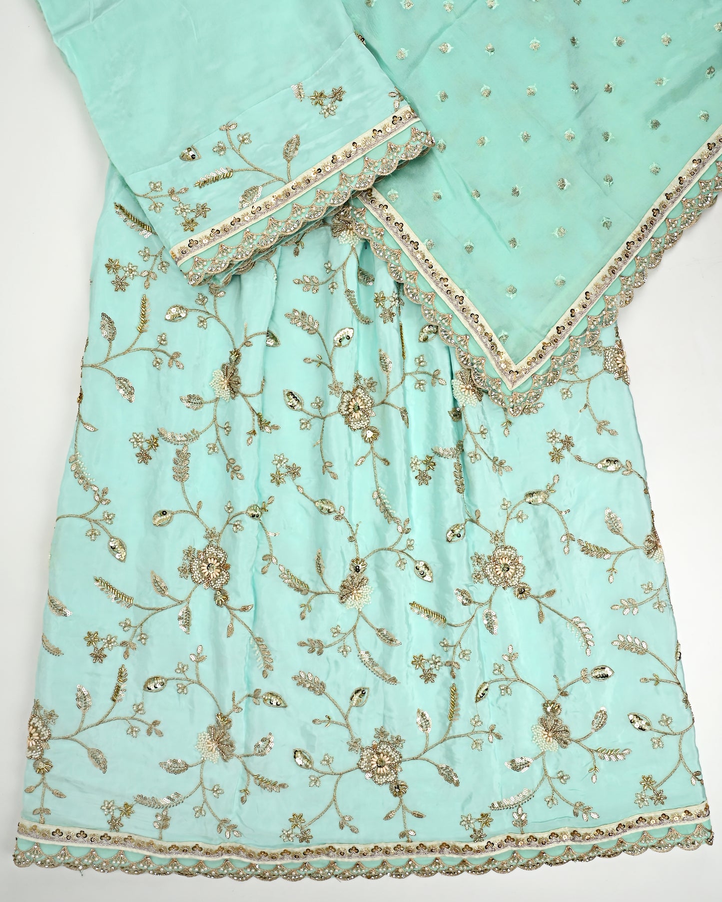 Mint RCJ With Full Floral Heavy Work & Dupatta With Lite Border
