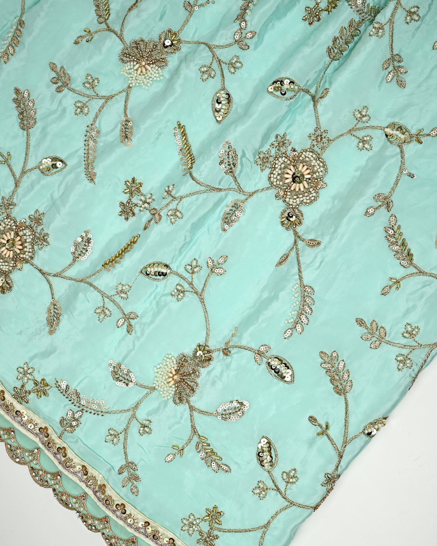 Mint RCJ With Full Floral Heavy Work & Dupatta With Lite Border