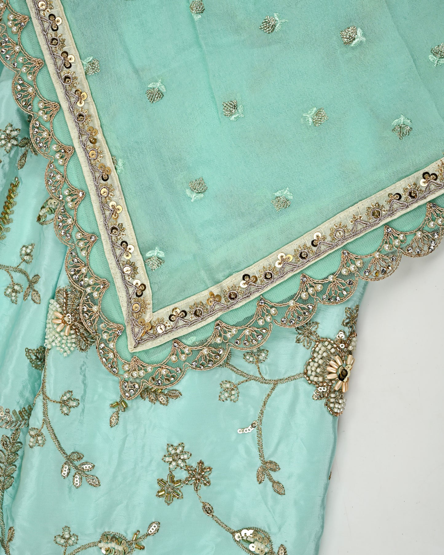 Mint RCJ With Full Floral Heavy Work & Dupatta With Lite Border