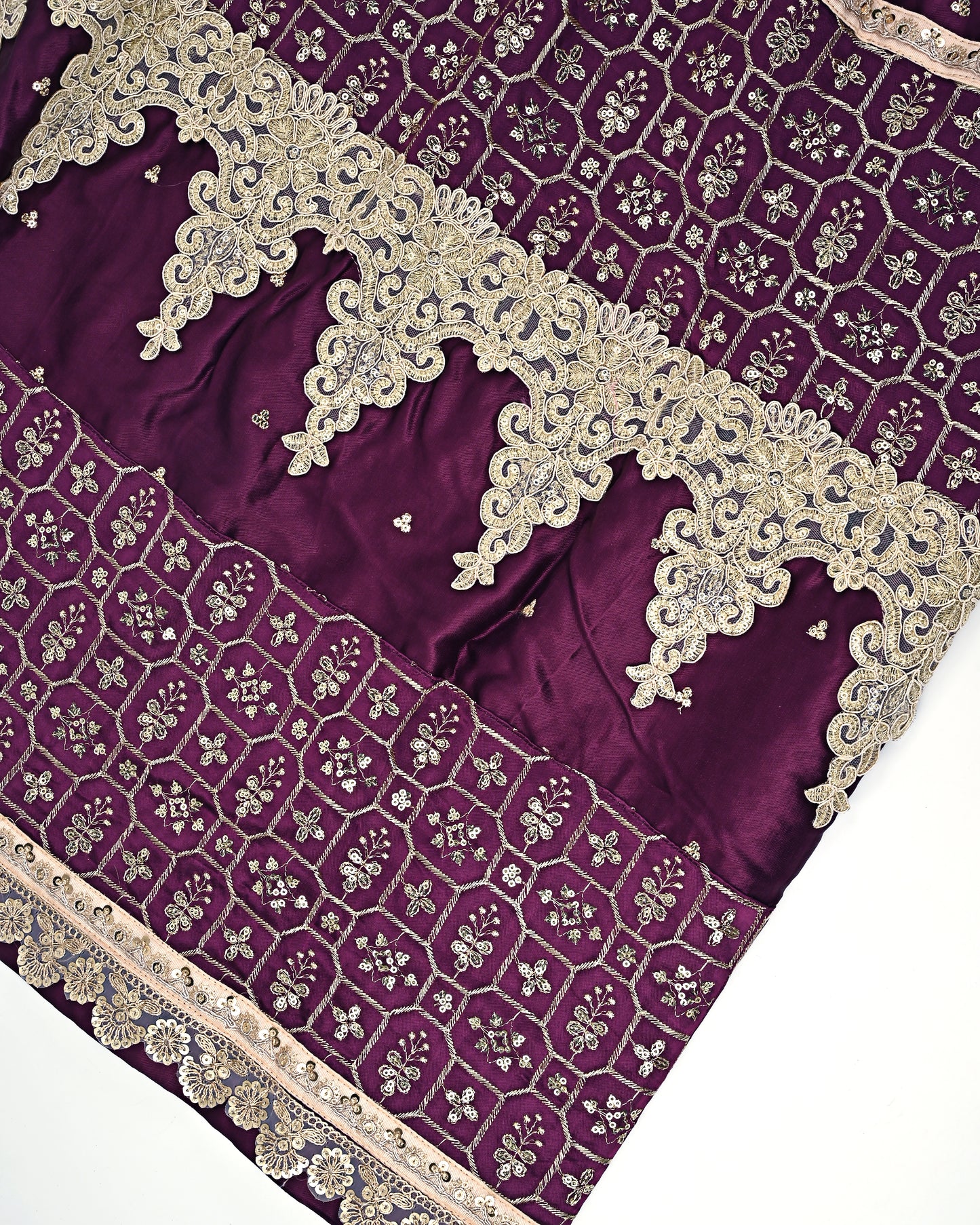 Dark Purple RCJ With Smart Heavy Lacing Golden Panel & Same Dupatta With Border