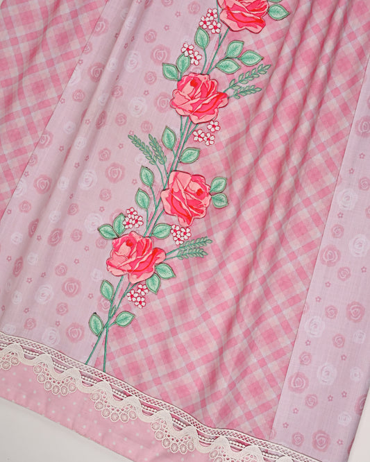Onion Pink Rida With Smart Pattern & Rose Work