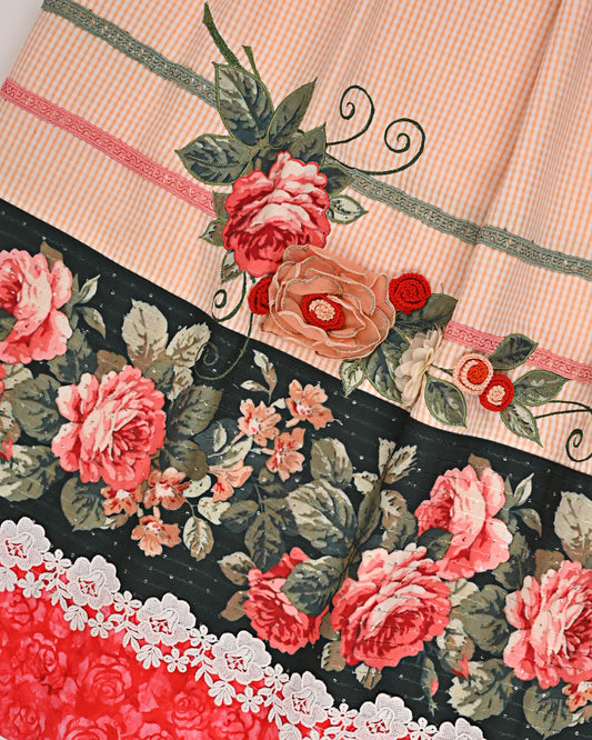 Light Orange Cheks Rida With Floral Lace Panel & Floral Work