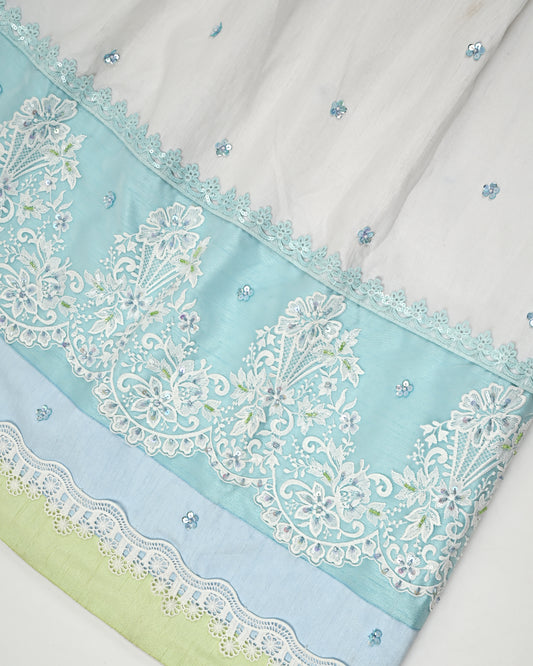 White Rida With Light Blue Panel & Heavy Lace Aari Work Touchup & Booties