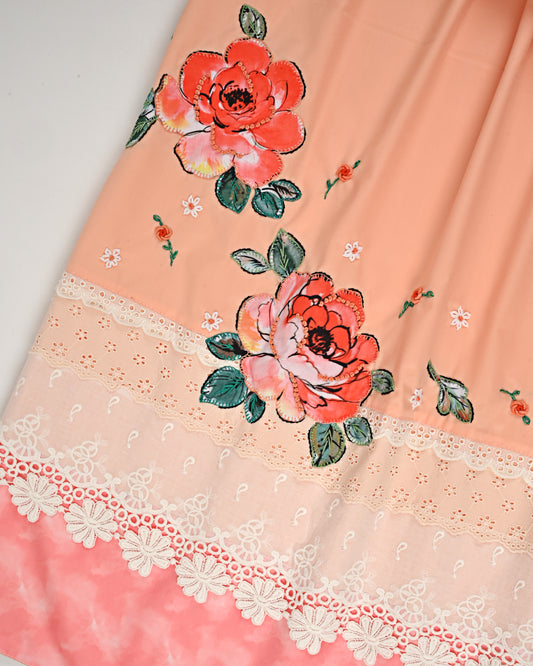 Peach Rida With Smart Panel Lacing & Floral Applique Work