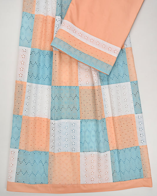 Tri Color Hakoba Rida With Box Pattern & Peach Plain Pardi
