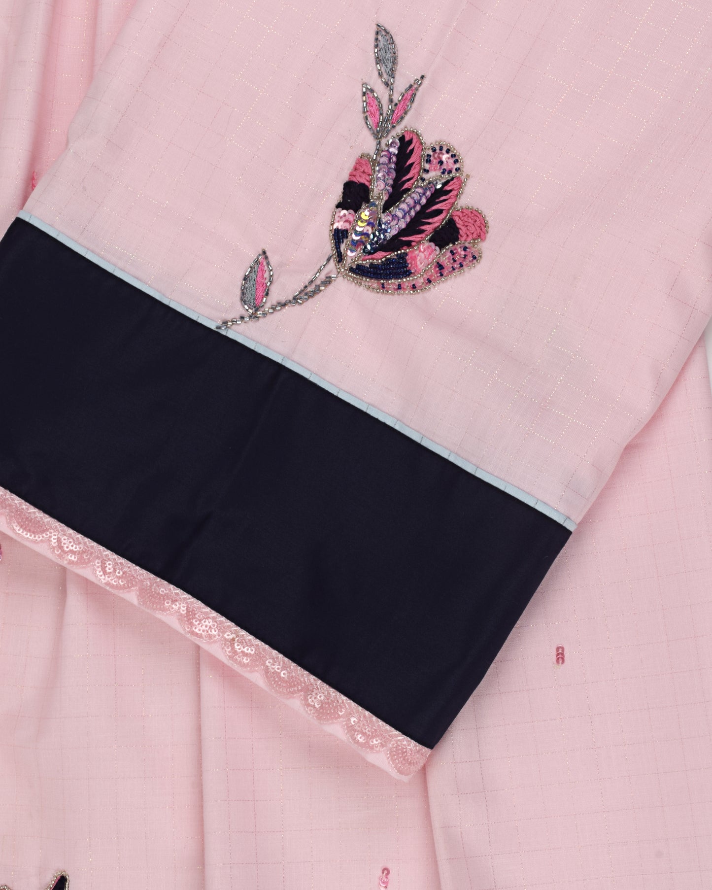 Baby Pink Rida With Sequence Lace & Rose Aari Work