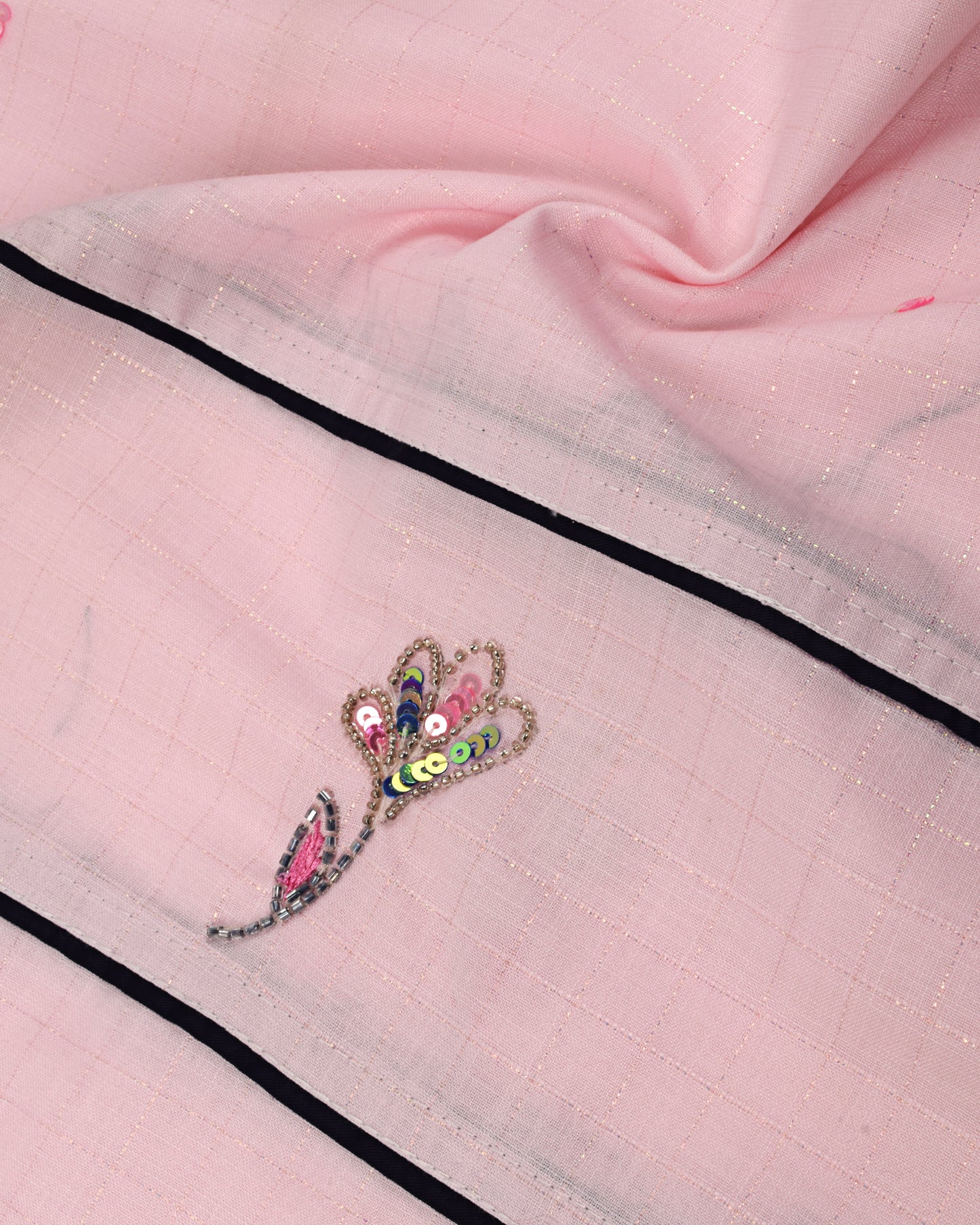 Baby Pink Rida With Sequence Lace & Rose Aari Work