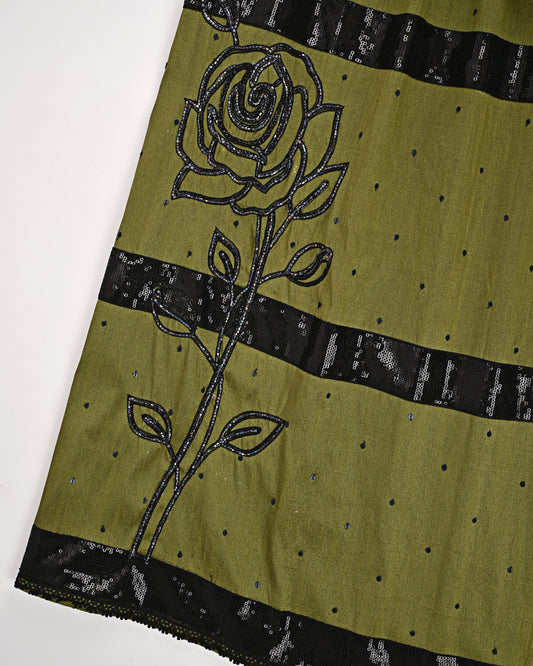 Dark Green Rida With Smart Black Lace & Black Floral Work