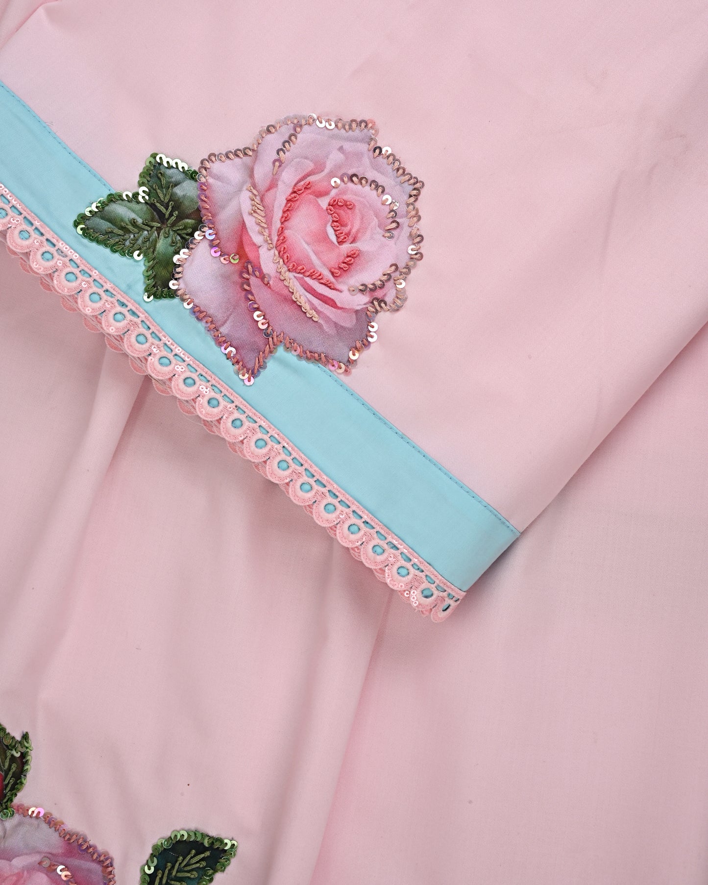 Baby Pink Rida With Smart Lace Panal & Floral Applique With Aari TouchUp