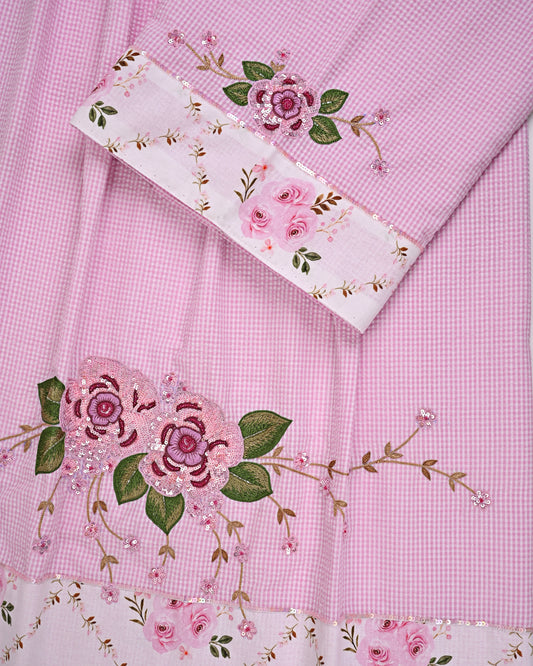 Baby Pink Checks Popcorn Rida With Smart Floral Panel & Floral Aari Work