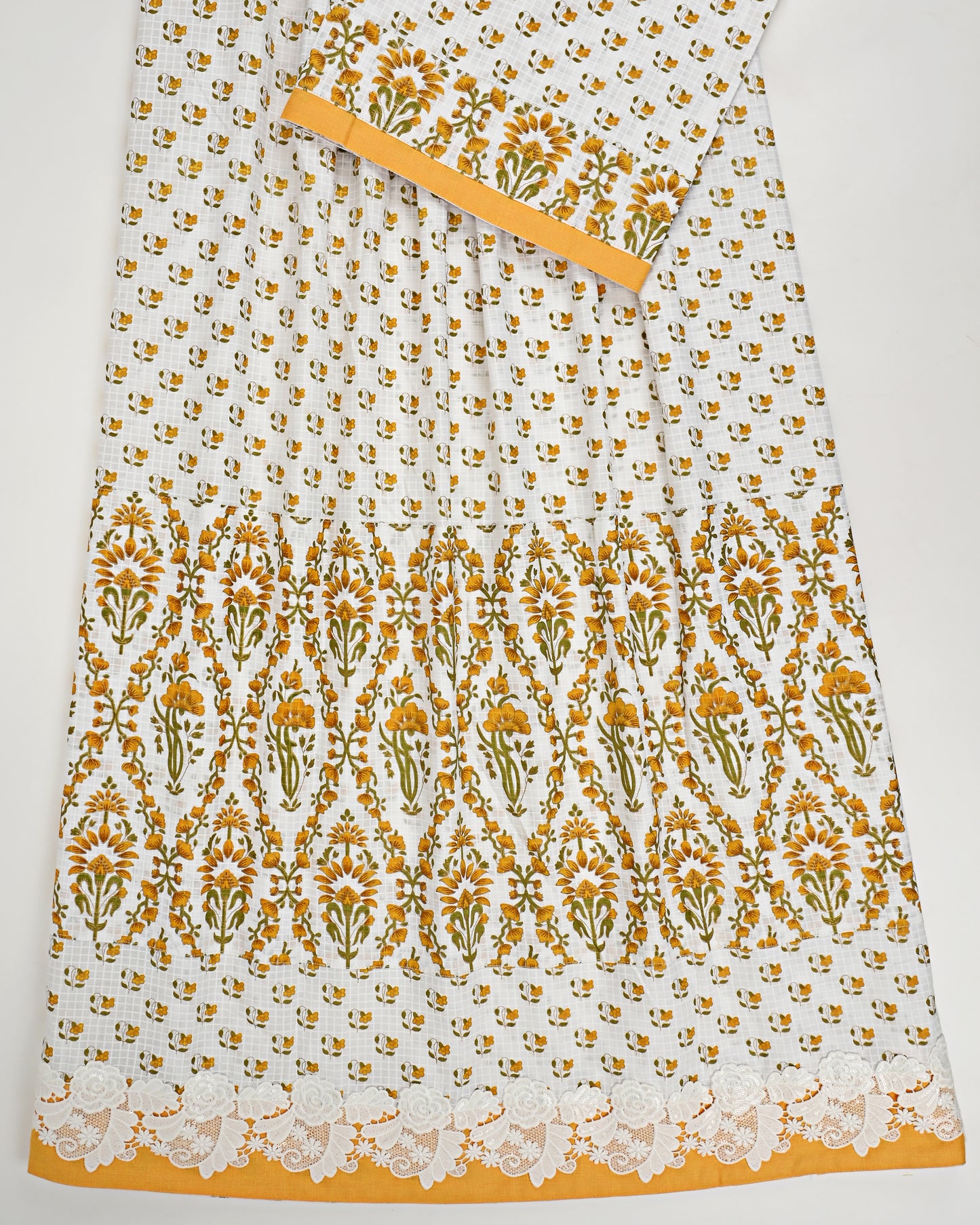 White Base Yellow Batik Rida With Smart Floral Batik Panel & Lace