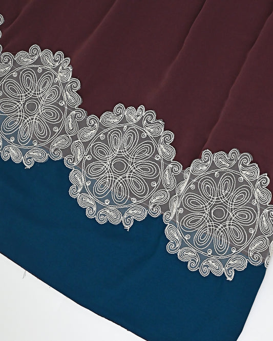 Burgundy Abaya Rida With Dark Blue Abaya Panel & Floral Lacing