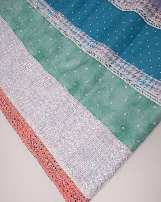 MultiColor Printed Rida With Colorful Panel Pattern & Lace