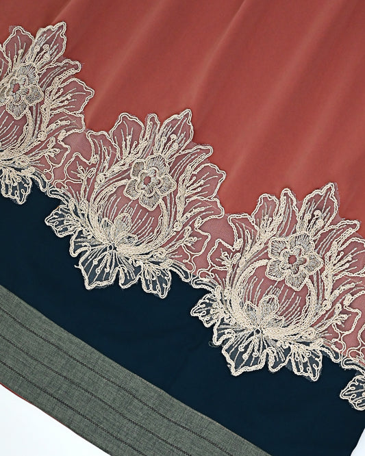 Rusty Orange Abaya Rida With Smart Floral Lacing & Abaya Belt