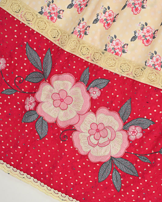 Mango Yellow Printed Rida With Hot Pink Hakoba Belt With Floral Work