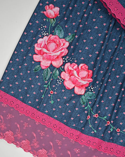 Denim Blue Rose Printed Rida With Smart Lace & Floral Applique