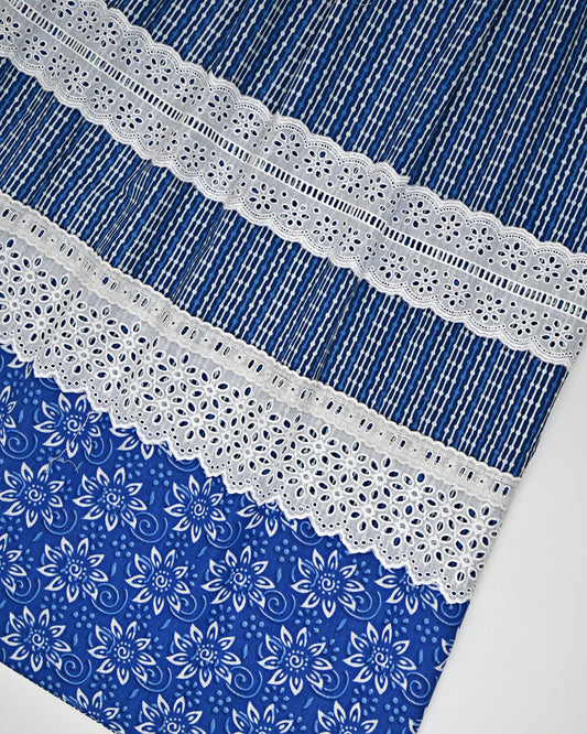 Dark Blue Batik Rida With Smart Floral Panel & White Lace