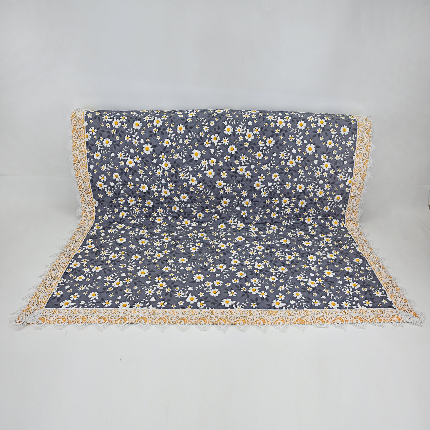 Dark Grey White Floral Printed Quilted Sujni With Smart Lace On Border