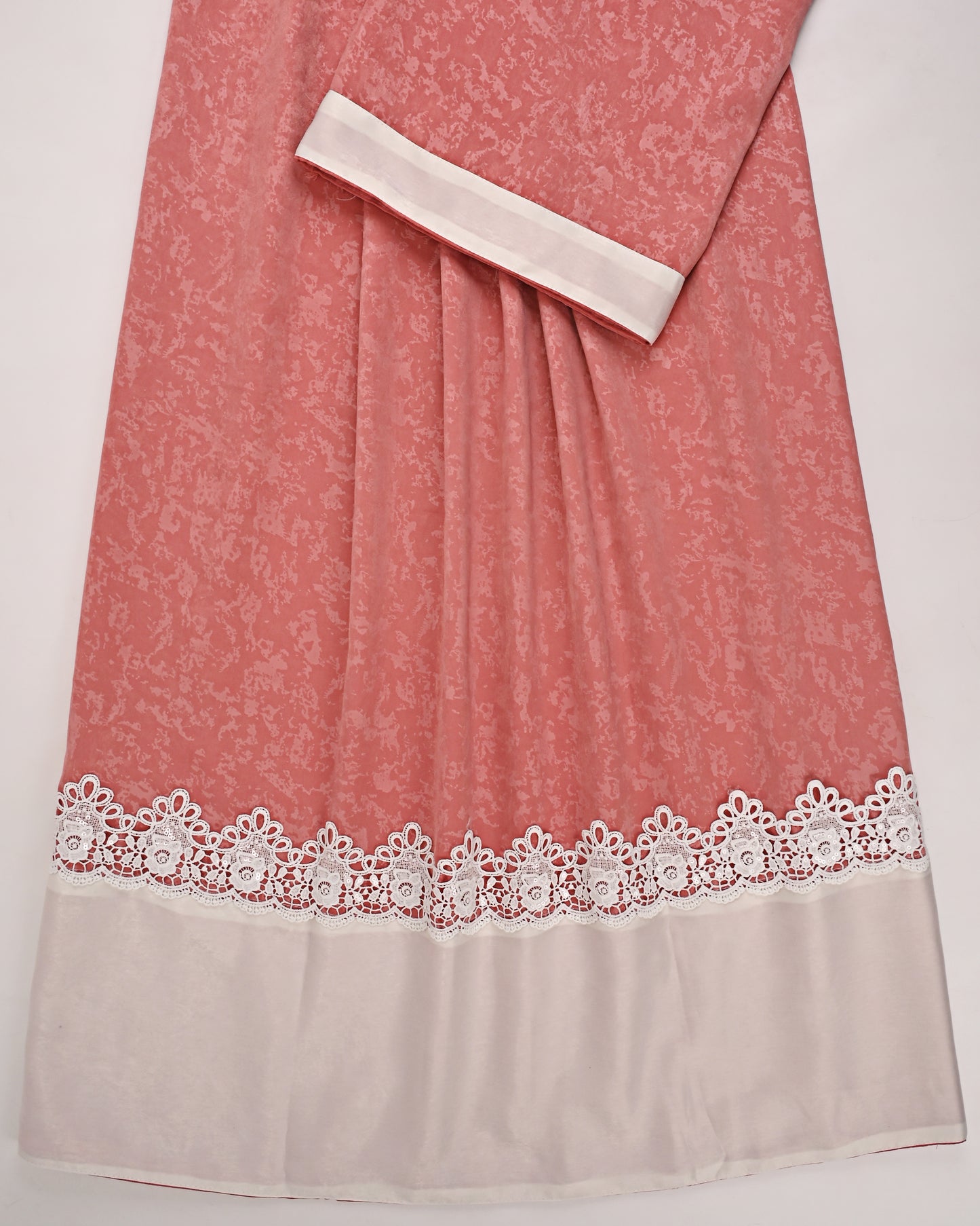 Tomato Red Abaya Rida With Smart Lace & White Abaya Panel