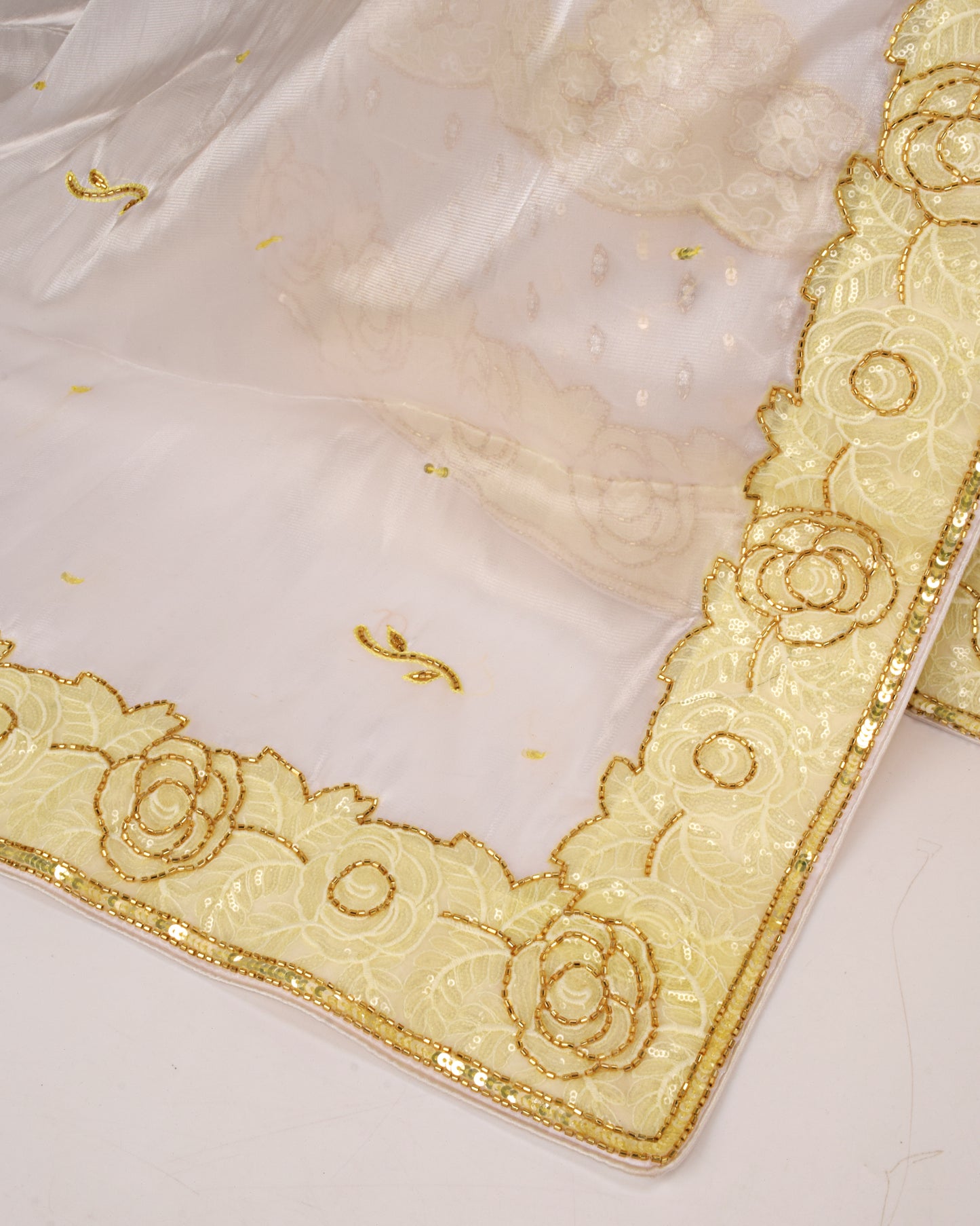White Bridal Wear With Light Yellow Aari Sober Work & Aari Border White Dupatta