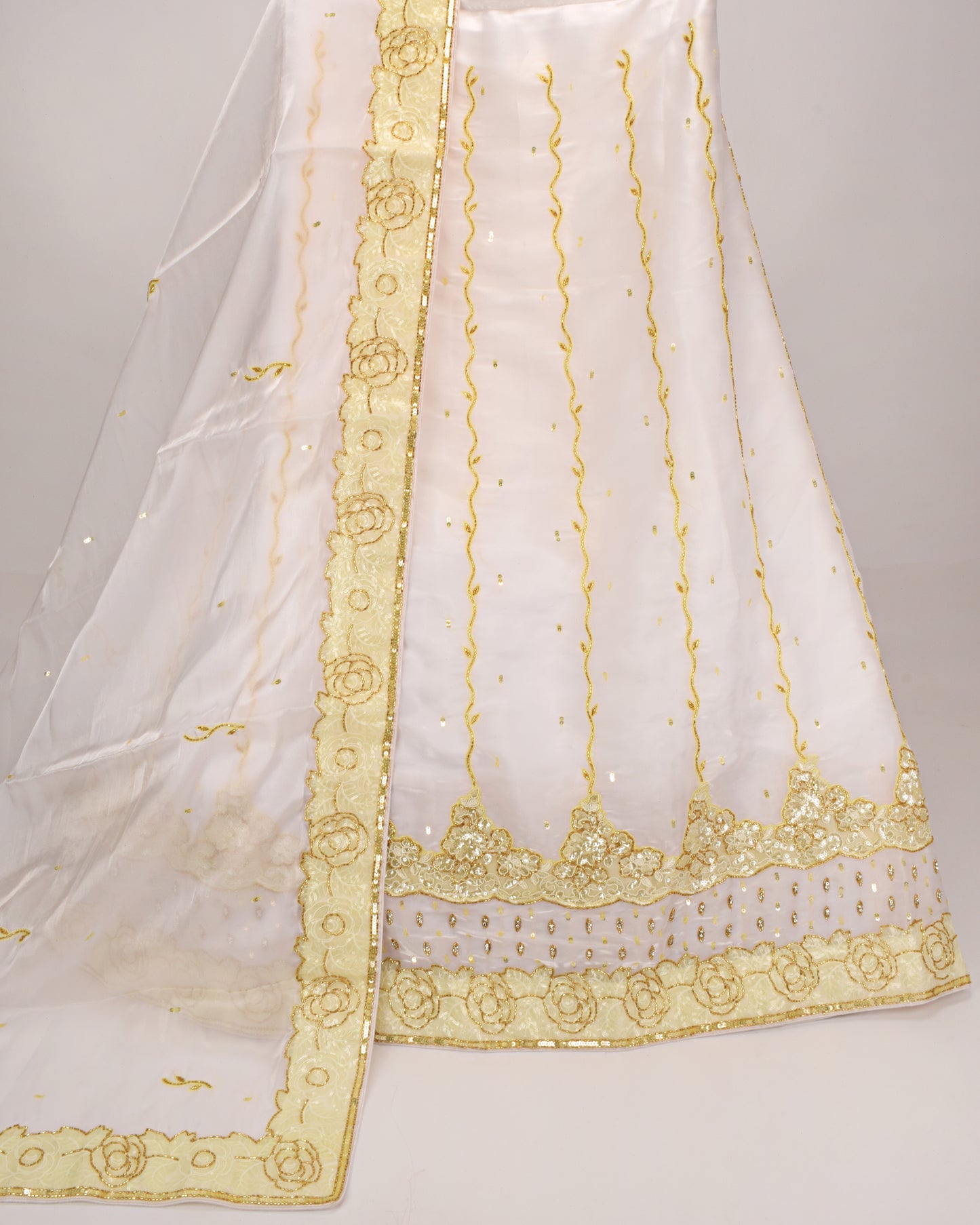 White Bridal Wear With Light Yellow Aari Sober Work & Aari Border White Dupatta