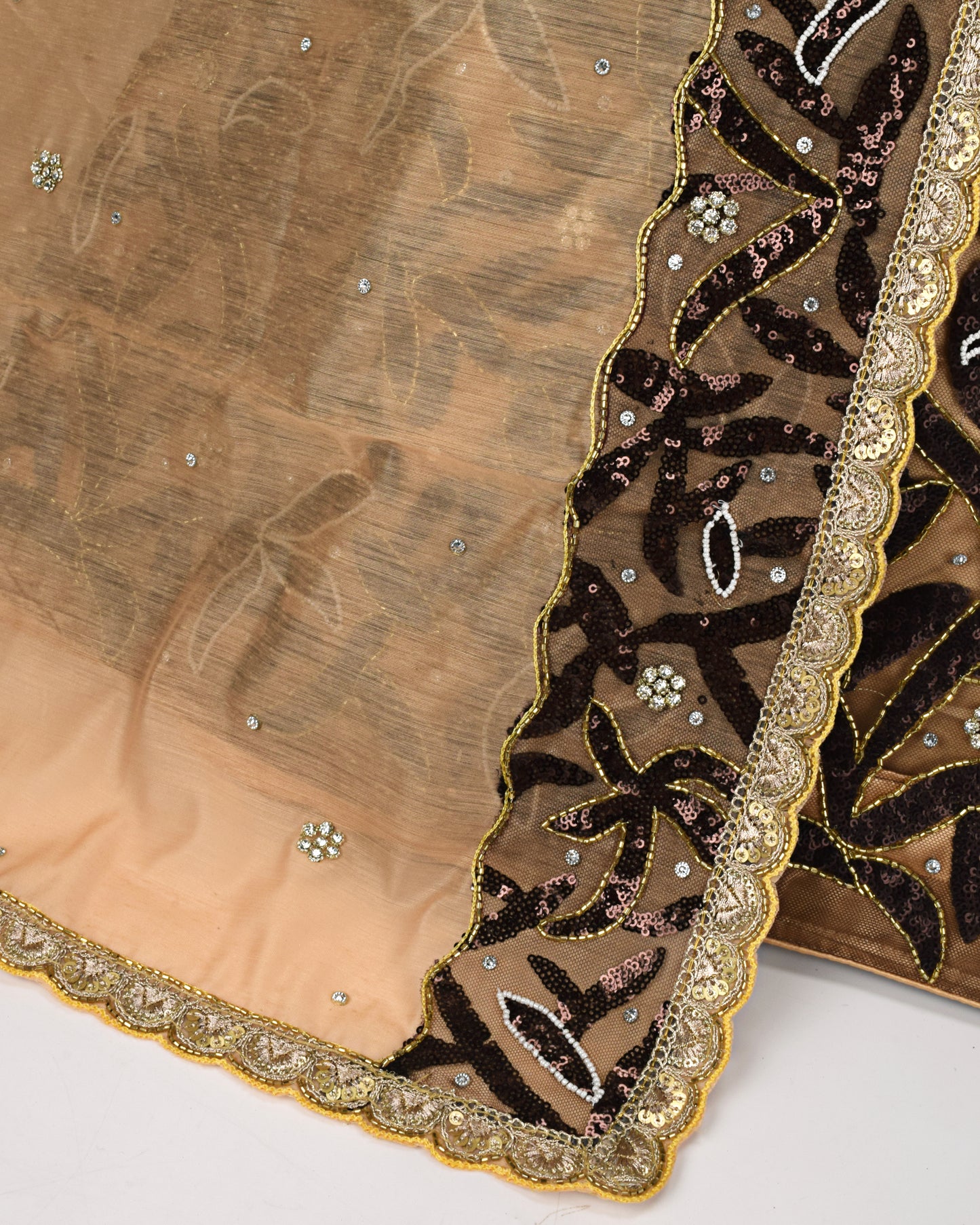 Golden Base Bridal Wear With Dark Brown Net Peice & Same Border Dupatta